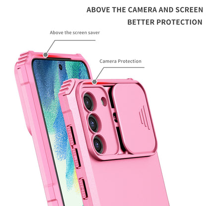 For Samsung Galaxy S22+ 5G Adjustable Vertical Kickstand Phone Case PC + TPU Hybrid Cover with Camera Slide Cover