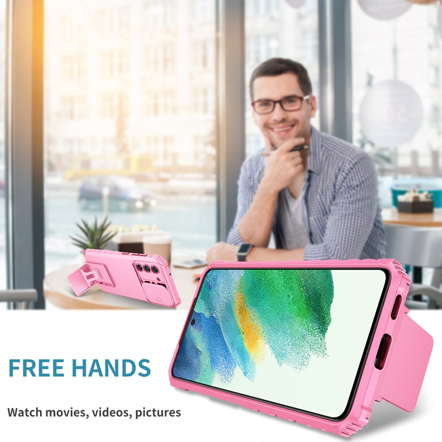 For Samsung Galaxy S22+ 5G Adjustable Vertical Kickstand Phone Case PC + TPU Hybrid Cover with Camera Slide Cover