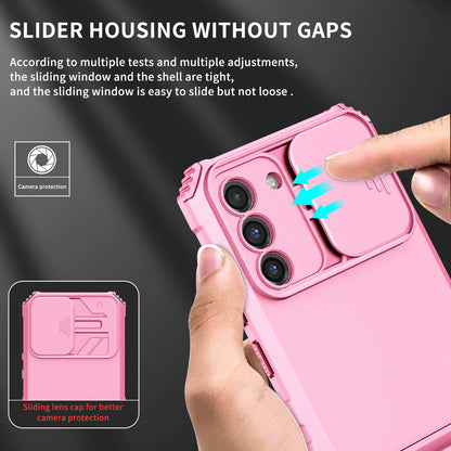 For Samsung Galaxy S22+ 5G Adjustable Vertical Kickstand Phone Case PC + TPU Hybrid Cover with Camera Slide Cover