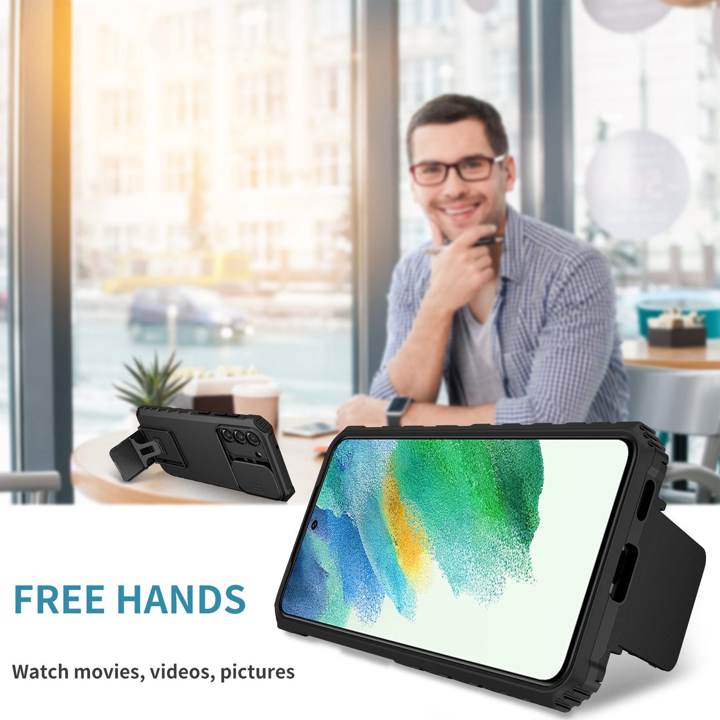 For Samsung Galaxy S22+ 5G Adjustable Vertical Kickstand Phone Case PC + TPU Hybrid Cover with Camera Slide Cover