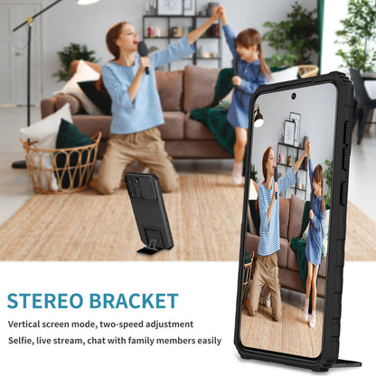 For Samsung Galaxy S22+ 5G Adjustable Vertical Kickstand Phone Case PC + TPU Hybrid Cover with Camera Slide Cover