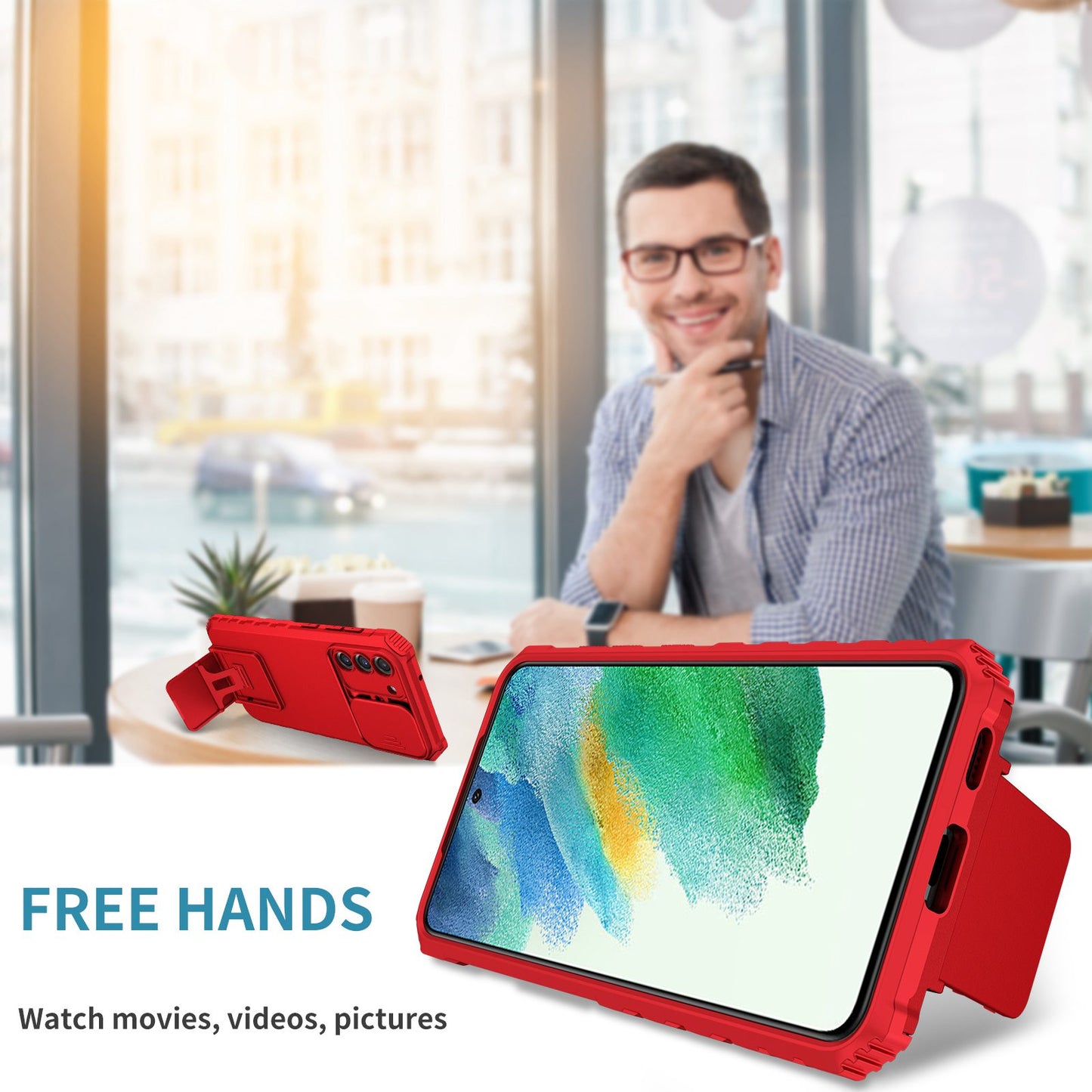 For Samsung Galaxy S22+ 5G Adjustable Vertical Kickstand Phone Case PC + TPU Hybrid Cover with Camera Slide Cover