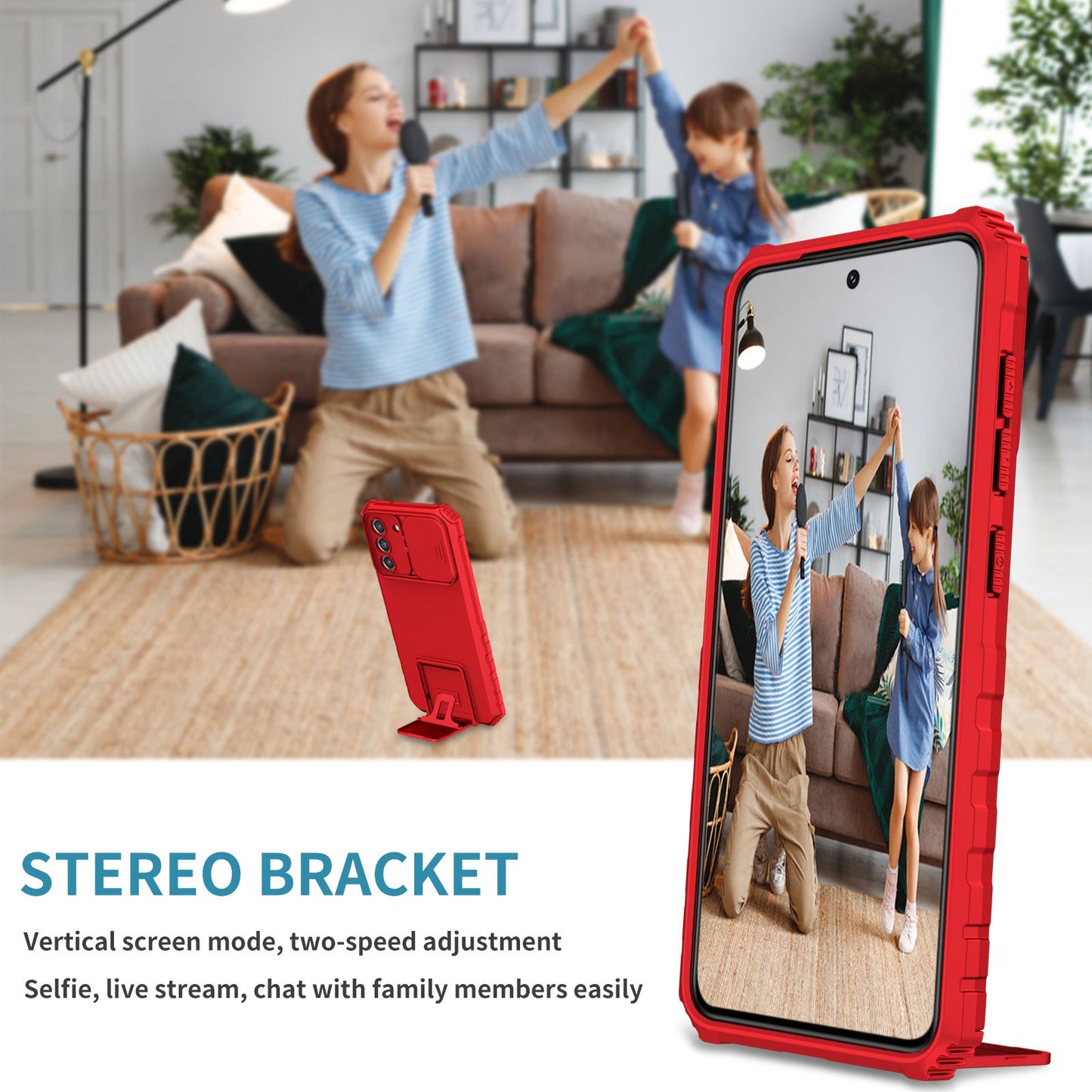 For Samsung Galaxy S22+ 5G Adjustable Vertical Kickstand Phone Case PC + TPU Hybrid Cover with Camera Slide Cover