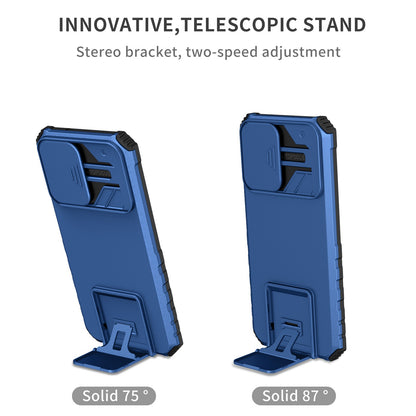 For Samsung Galaxy S22+ 5G Adjustable Vertical Kickstand Phone Case PC + TPU Hybrid Cover with Camera Slide Cover