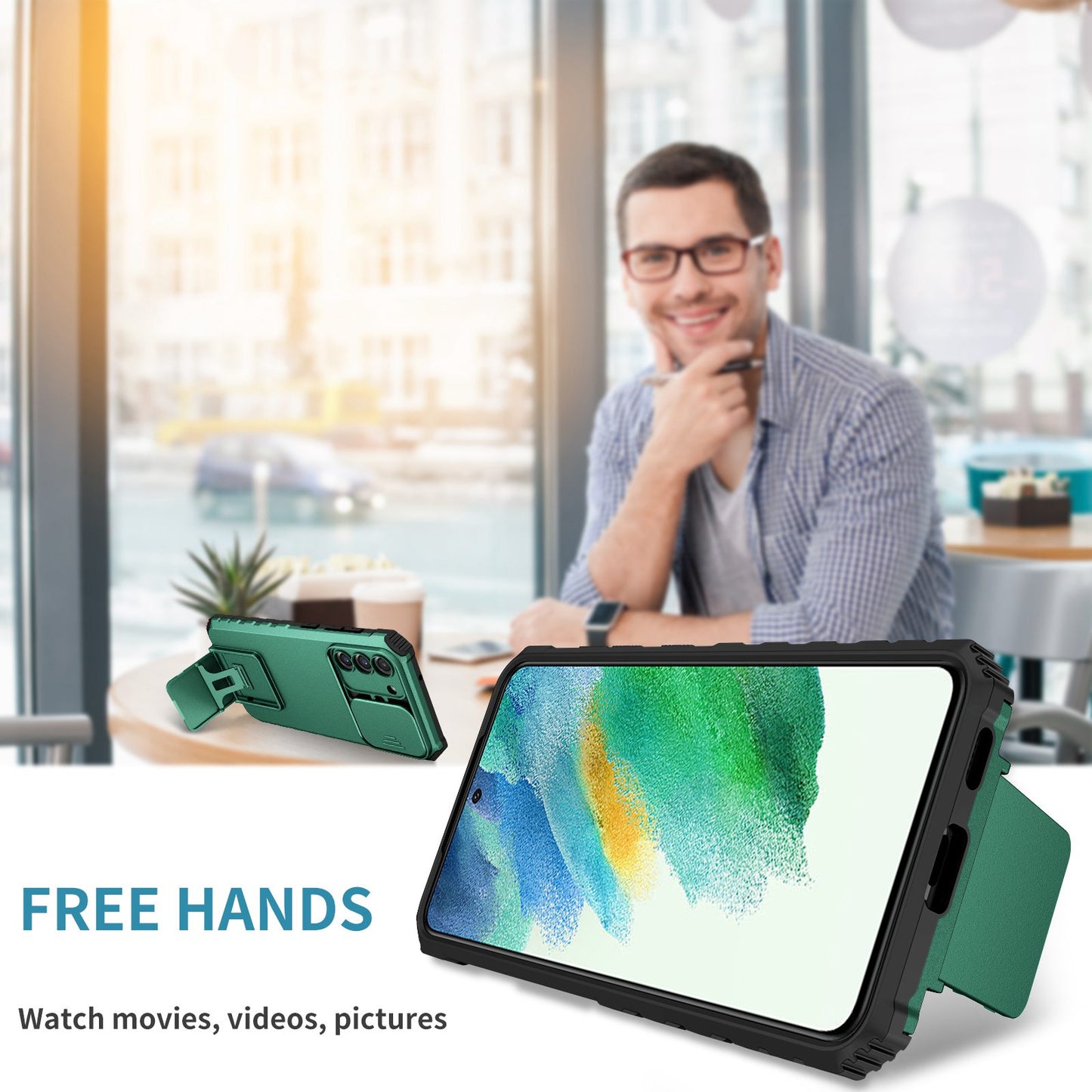 For Samsung Galaxy S22+ 5G Adjustable Vertical Kickstand Phone Case PC + TPU Hybrid Cover with Camera Slide Cover