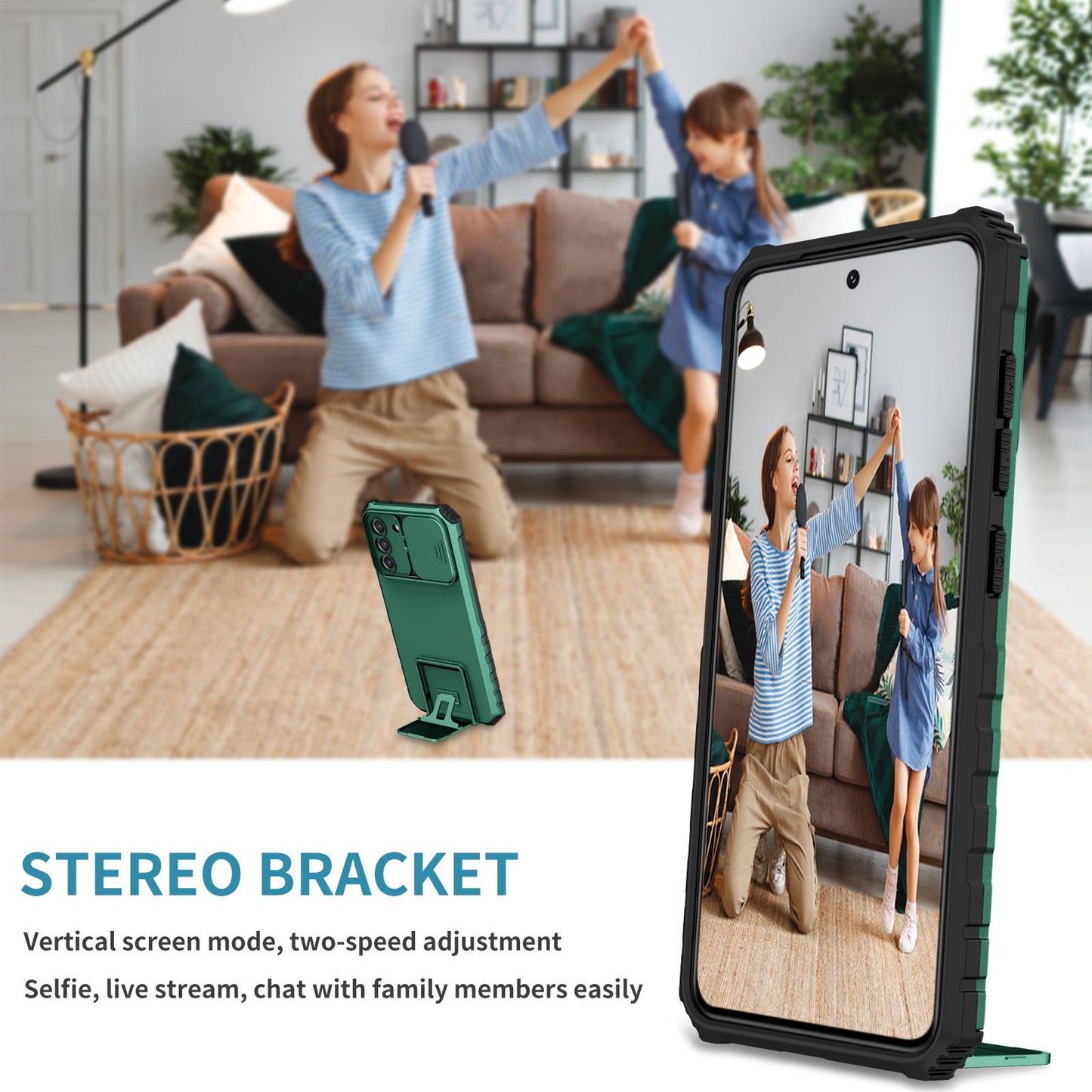 For Samsung Galaxy S22+ 5G Adjustable Vertical Kickstand Phone Case PC + TPU Hybrid Cover with Camera Slide Cover