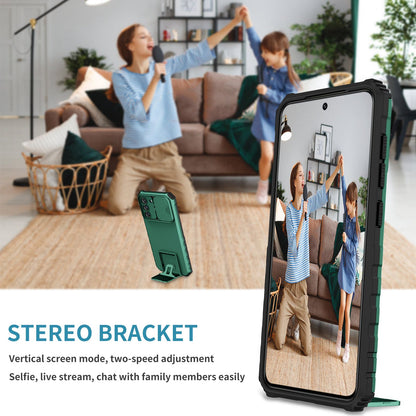 For Samsung Galaxy S22+ 5G Adjustable Vertical Kickstand Phone Case PC + TPU Hybrid Cover with Camera Slide Cover