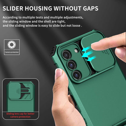 For Samsung Galaxy S22+ 5G Adjustable Vertical Kickstand Phone Case PC + TPU Hybrid Cover with Camera Slide Cover