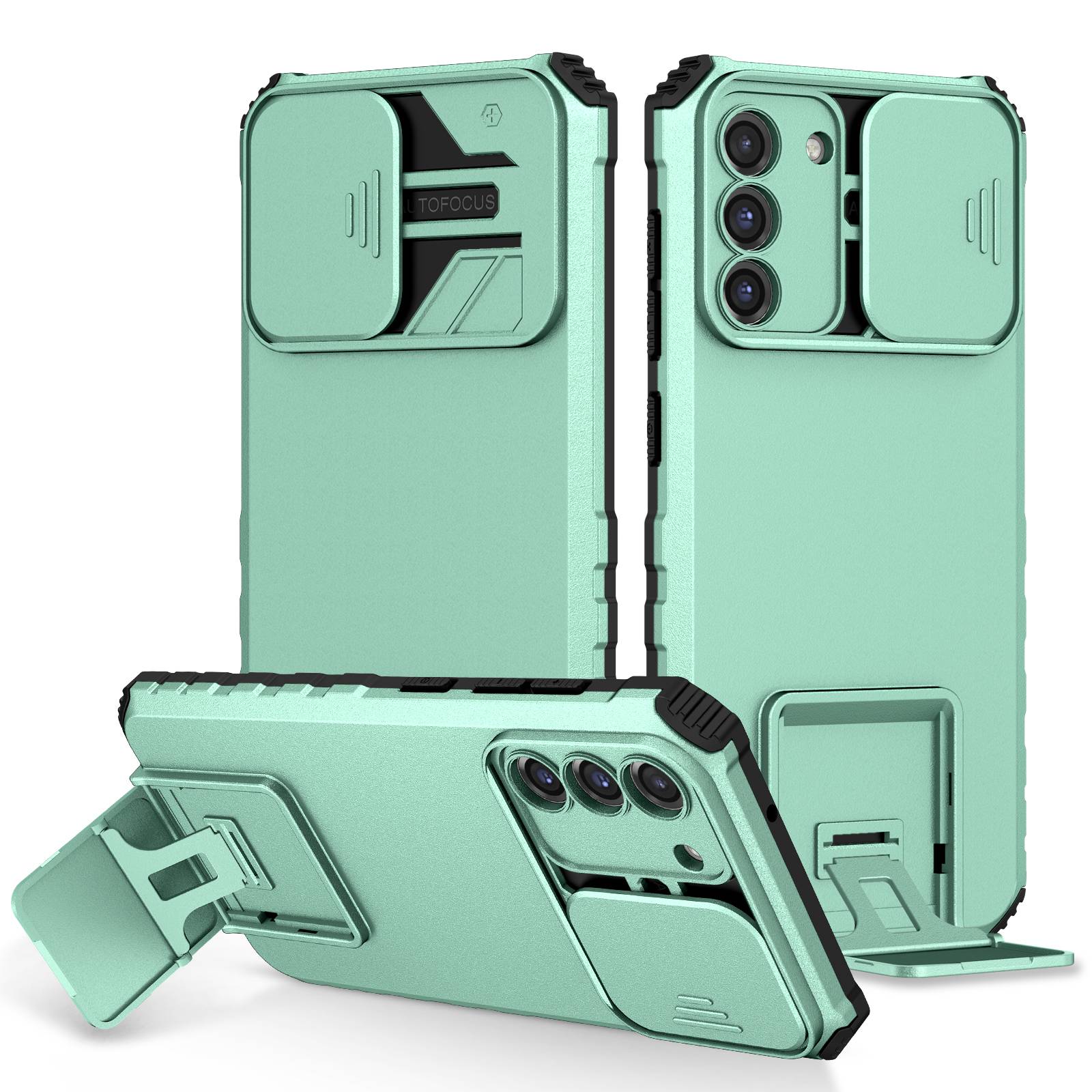 For Samsung Galaxy S22+ 5G Adjustable Vertical Kickstand Phone Case PC + TPU Hybrid Cover with Camera Slide Cover
