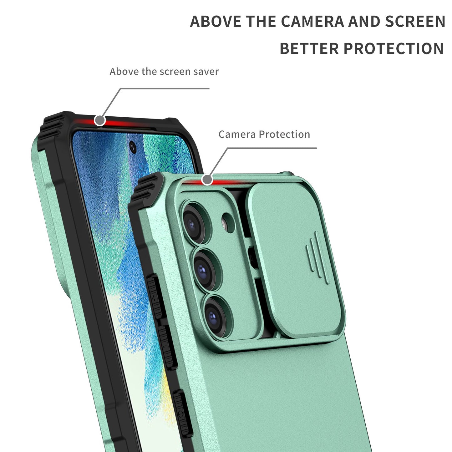 For Samsung Galaxy S22+ 5G Adjustable Vertical Kickstand Phone Case PC + TPU Hybrid Cover with Camera Slide Cover