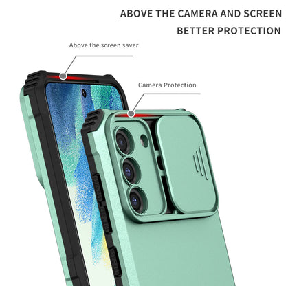 For Samsung Galaxy S22+ 5G Adjustable Vertical Kickstand Phone Case PC + TPU Hybrid Cover with Camera Slide Cover