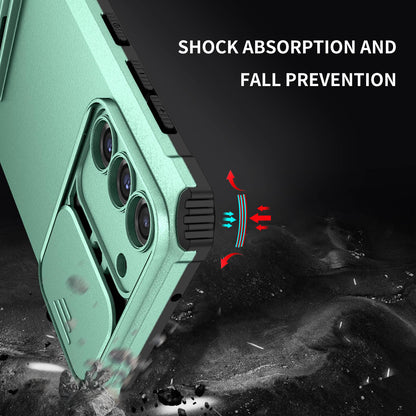 For Samsung Galaxy S22+ 5G Adjustable Vertical Kickstand Phone Case PC + TPU Hybrid Cover with Camera Slide Cover