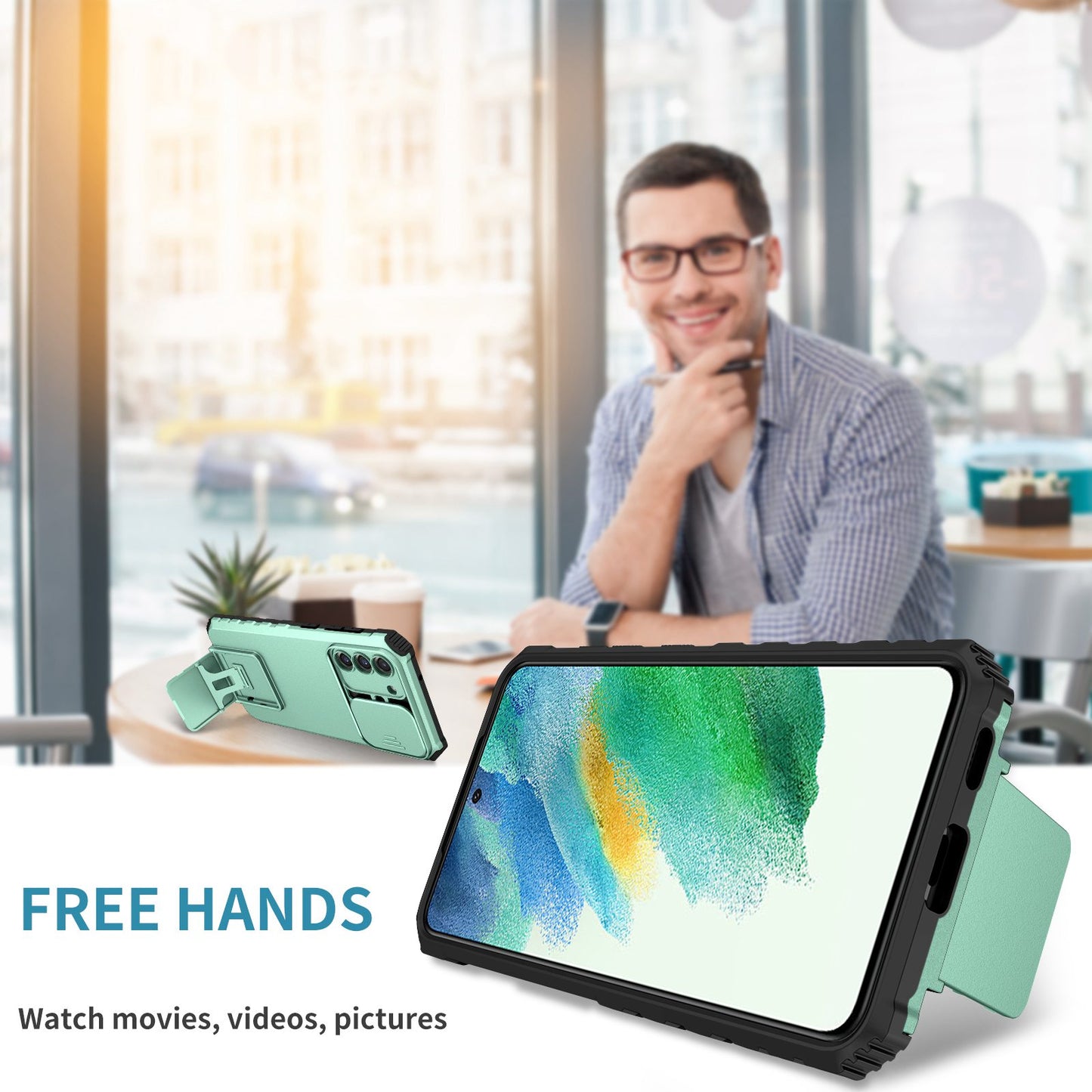 For Samsung Galaxy S22+ 5G Adjustable Vertical Kickstand Phone Case PC + TPU Hybrid Cover with Camera Slide Cover