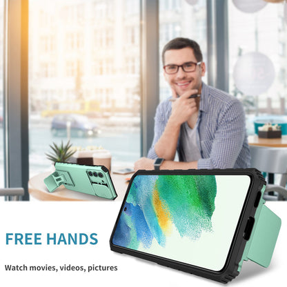 For Samsung Galaxy S22+ 5G Adjustable Vertical Kickstand Phone Case PC + TPU Hybrid Cover with Camera Slide Cover