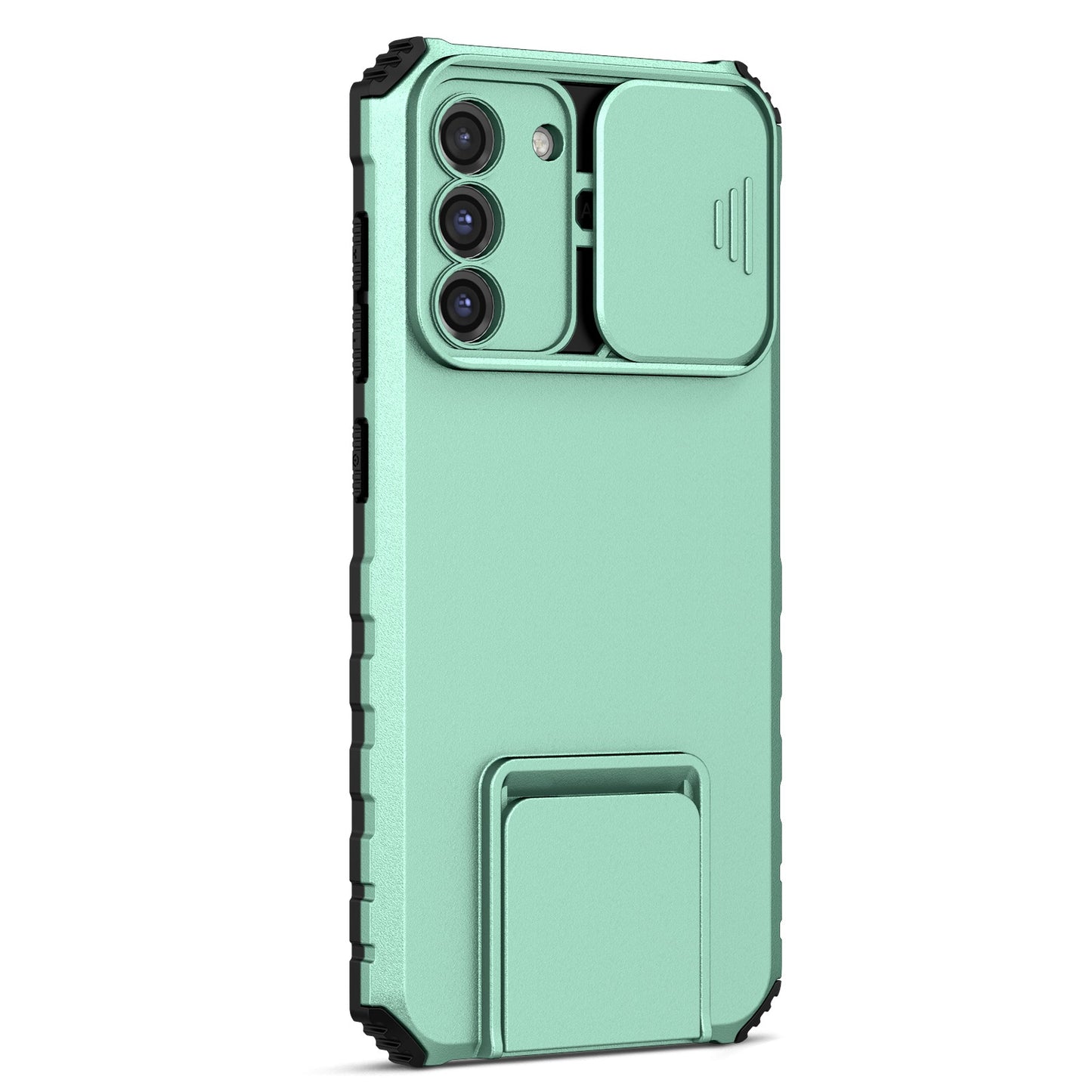 For Samsung Galaxy S22+ 5G Adjustable Vertical Kickstand Phone Case PC + TPU Hybrid Cover with Camera Slide Cover