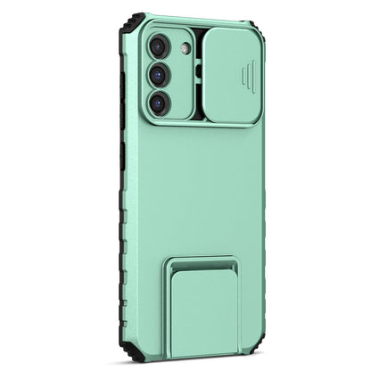 For Samsung Galaxy S22+ 5G Adjustable Vertical Kickstand Phone Case PC + TPU Hybrid Cover with Camera Slide Cover