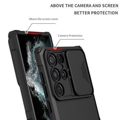 For Samsung Galaxy S22 Ultra 5G Adjustable Vertical Kickstand Phone Case Camera Slider Protection Hybrid PC + TPU Cover