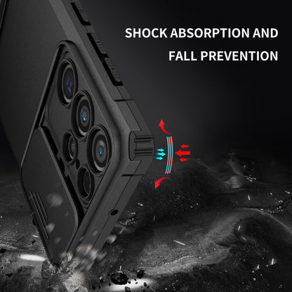 For Samsung Galaxy S22 Ultra 5G Adjustable Vertical Kickstand Phone Case Camera Slider Protection Hybrid PC + TPU Cover