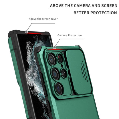 For Samsung Galaxy S22 Ultra 5G Adjustable Vertical Kickstand Phone Case Camera Slider Protection Hybrid PC + TPU Cover