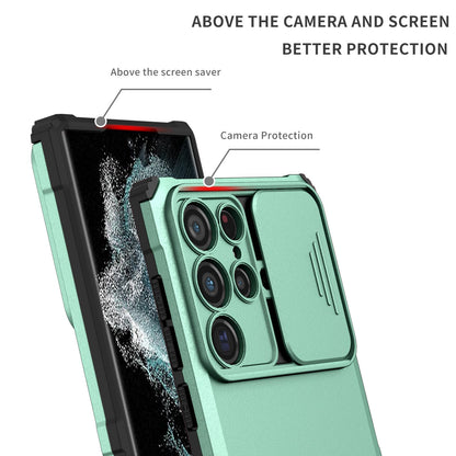 For Samsung Galaxy S22 Ultra 5G Adjustable Vertical Kickstand Phone Case Camera Slider Protection Hybrid PC + TPU Cover