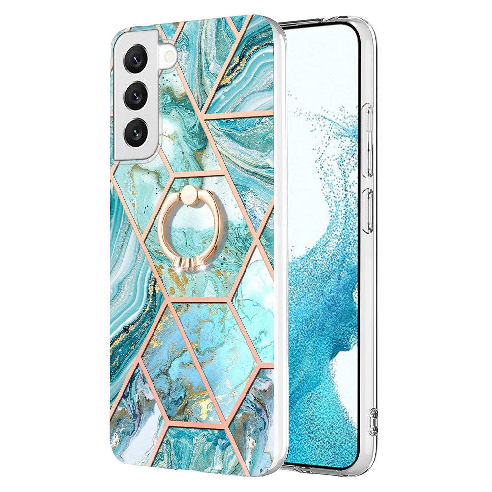 YB IMD Series-7 Marble Pattern TPU Case for Samsung Galaxy S22 5G, Ring Kickstand Phone Cover Electroplating IMD Protective Shell