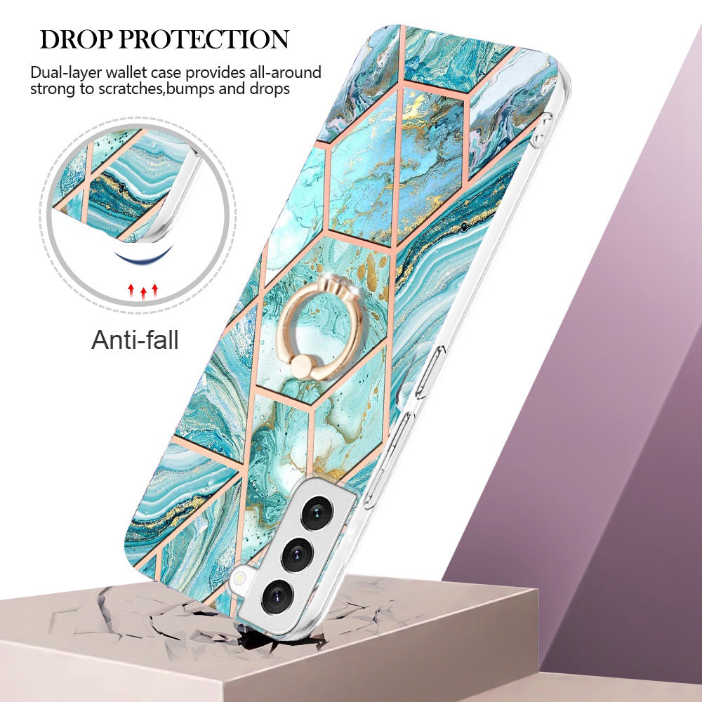 YB IMD Series-7 Marble Pattern TPU Case for Samsung Galaxy S22 5G, Ring Kickstand Phone Cover Electroplating IMD Protective Shell