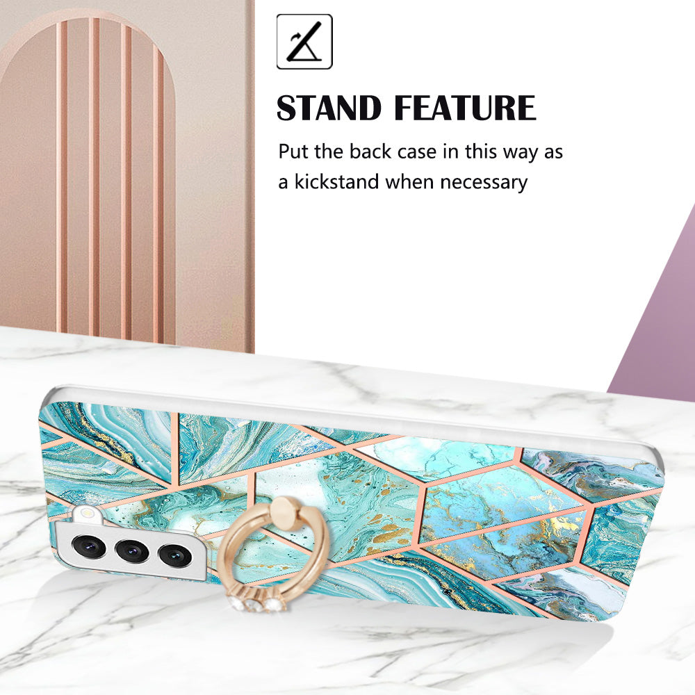 YB IMD Series-7 Marble Pattern TPU Case for Samsung Galaxy S22 5G, Ring Kickstand Phone Cover Electroplating IMD Protective Shell