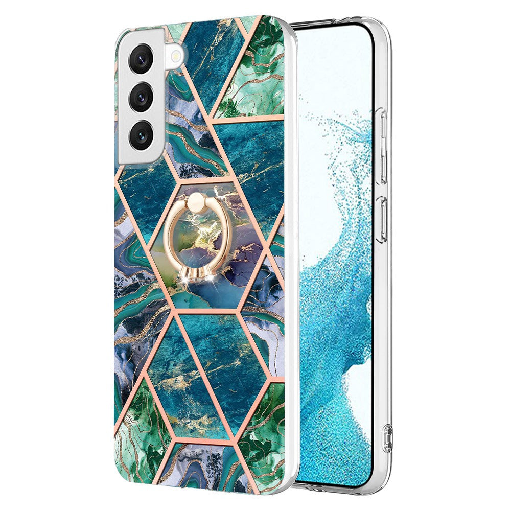 YB IMD Series-7 Marble Pattern TPU Case for Samsung Galaxy S22 5G, Ring Kickstand Phone Cover Electroplating IMD Protective Shell