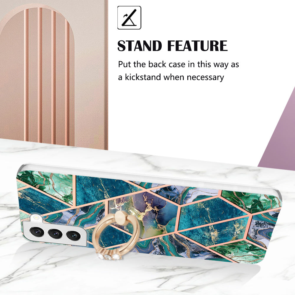 YB IMD Series-7 Marble Pattern TPU Case for Samsung Galaxy S22 5G, Ring Kickstand Phone Cover Electroplating IMD Protective Shell