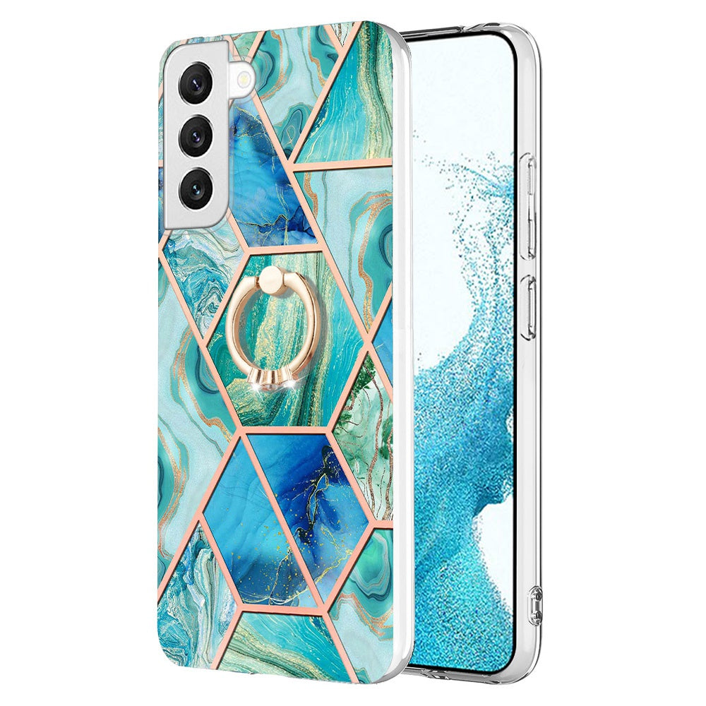 YB IMD Series-7 Marble Pattern TPU Case for Samsung Galaxy S22 5G, Ring Kickstand Phone Cover Electroplating IMD Protective Shell