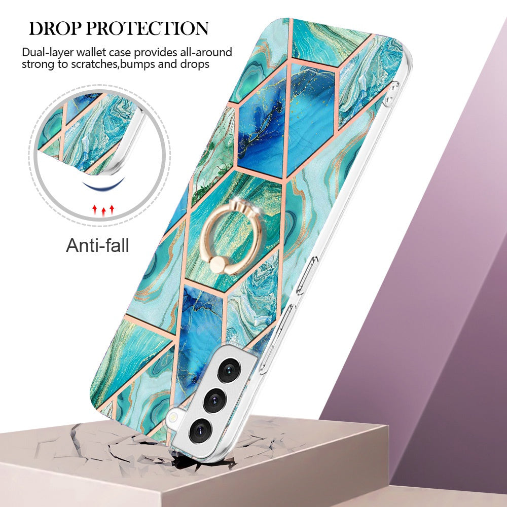 YB IMD Series-7 Marble Pattern TPU Case for Samsung Galaxy S22 5G, Ring Kickstand Phone Cover Electroplating IMD Protective Shell