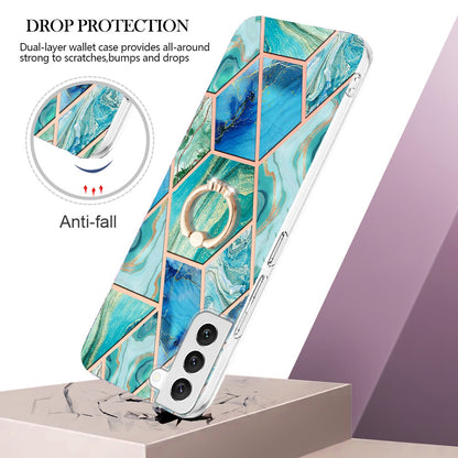 YB IMD Series-7 Marble Pattern TPU Case for Samsung Galaxy S22 5G, Ring Kickstand Phone Cover Electroplating IMD Protective Shell
