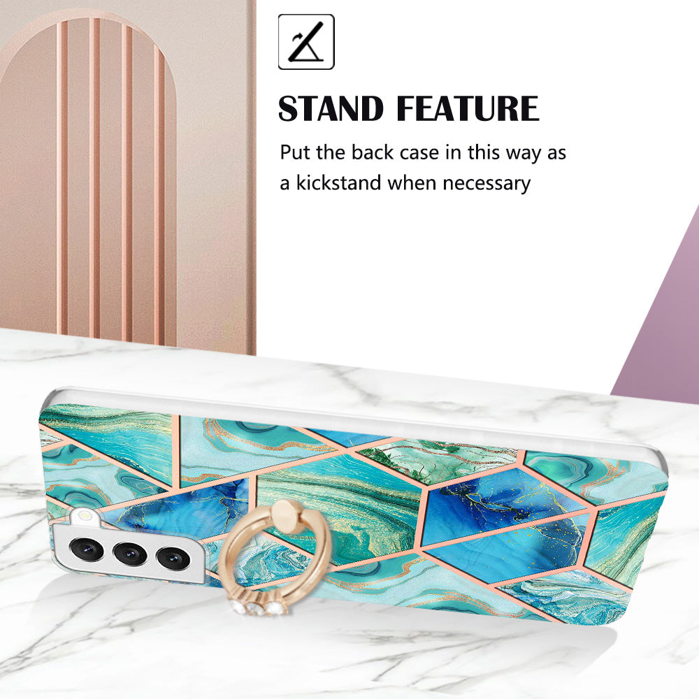 YB IMD Series-7 Marble Pattern TPU Case for Samsung Galaxy S22 5G, Ring Kickstand Phone Cover Electroplating IMD Protective Shell