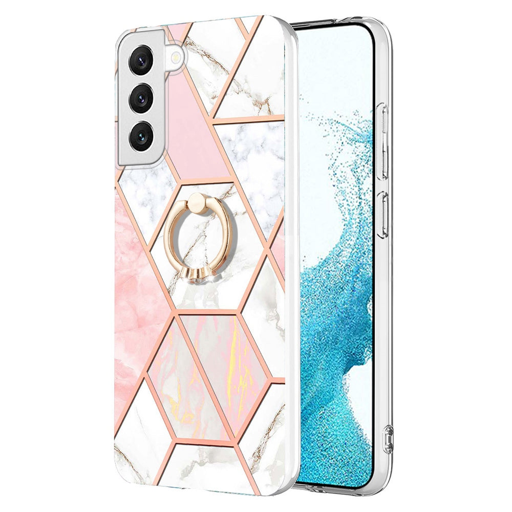 YB IMD Series-7 Marble Pattern TPU Case for Samsung Galaxy S22 5G, Ring Kickstand Phone Cover Electroplating IMD Protective Shell