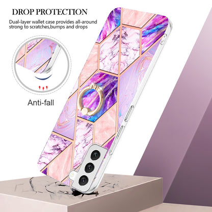 YB IMD Series-7 Marble Pattern TPU Case for Samsung Galaxy S22 5G, Ring Kickstand Phone Cover Electroplating IMD Protective Shell
