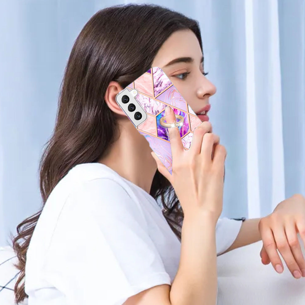 YB IMD Series-7 Marble Pattern TPU Case for Samsung Galaxy S22 5G, Ring Kickstand Phone Cover Electroplating IMD Protective Shell