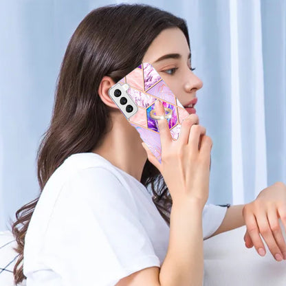 YB IMD Series-7 Marble Pattern TPU Case for Samsung Galaxy S22 5G, Ring Kickstand Phone Cover Electroplating IMD Protective Shell