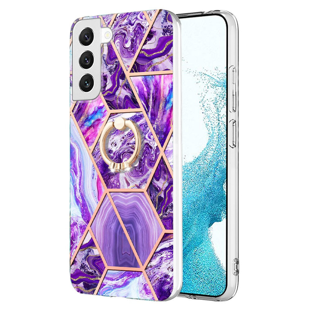 YB IMD Series-7 Marble Pattern TPU Case for Samsung Galaxy S22 5G, Ring Kickstand Phone Cover Electroplating IMD Protective Shell