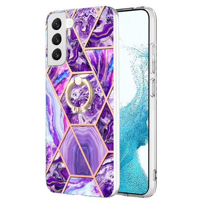 YB IMD Series-7 Marble Pattern TPU Case for Samsung Galaxy S22 5G, Ring Kickstand Phone Cover Electroplating IMD Protective Shell