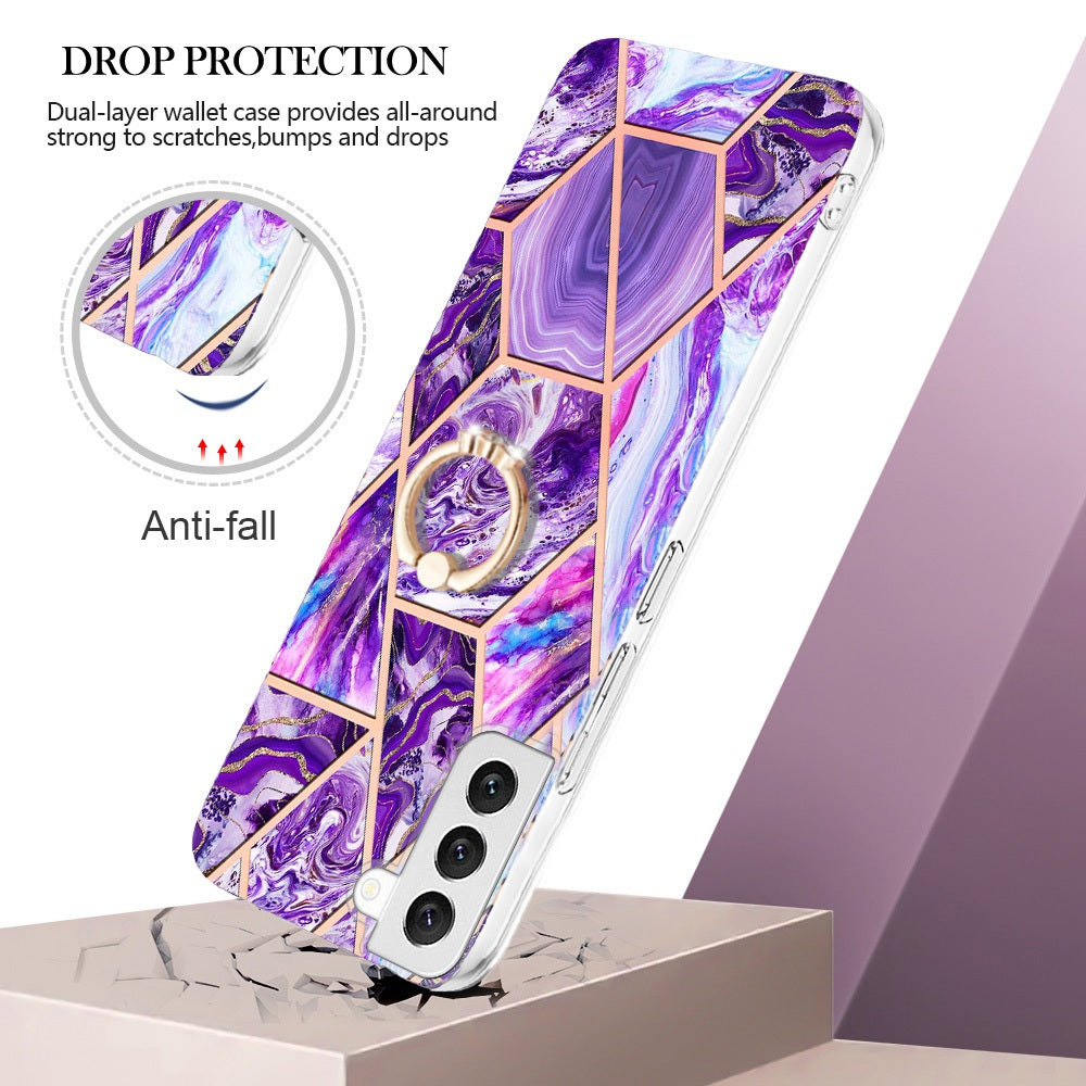 YB IMD Series-7 Marble Pattern TPU Case for Samsung Galaxy S22 5G, Ring Kickstand Phone Cover Electroplating IMD Protective Shell