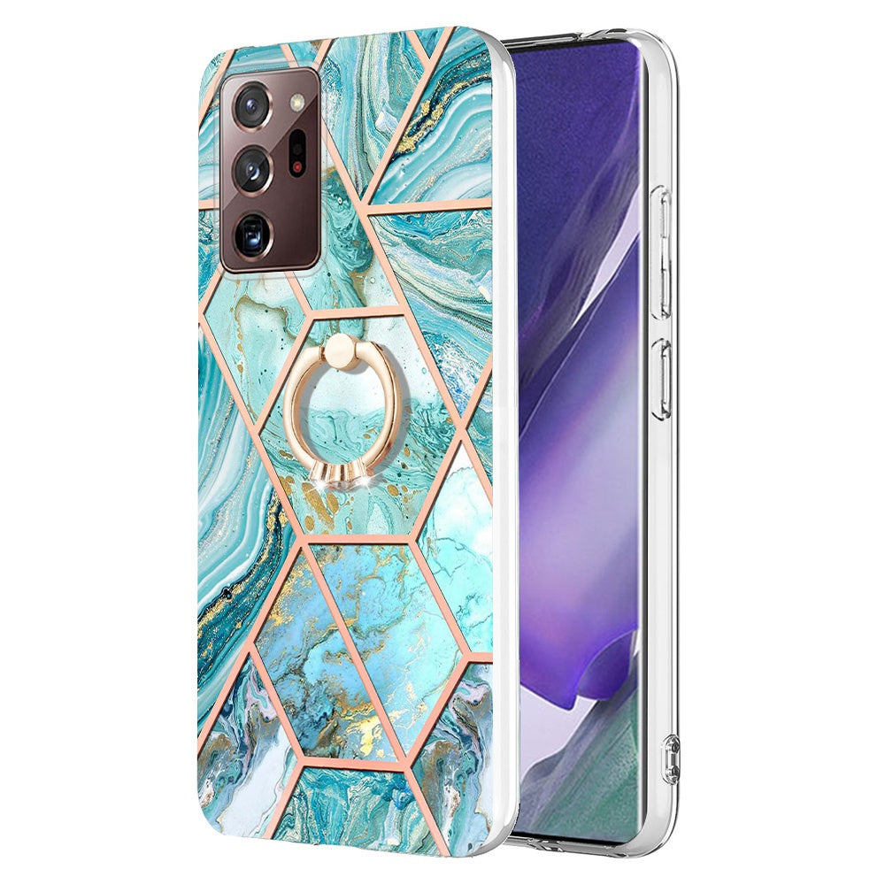 YB IMD Series-7 for Samsung Galaxy Note20 Ultra/Note20 Ultra 5G Ring Kickstand Case IMD Marble Pattern Electroplating TPU Phone Cover