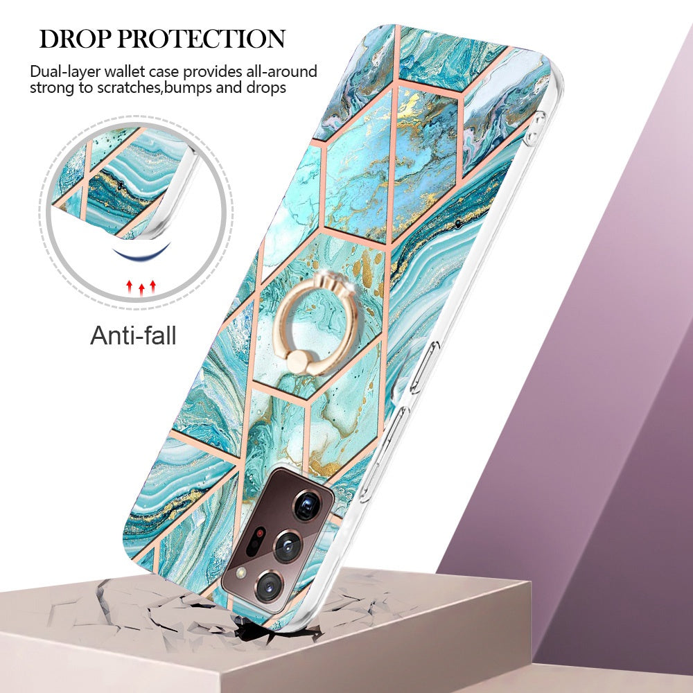 YB IMD Series-7 for Samsung Galaxy Note20 Ultra/Note20 Ultra 5G Ring Kickstand Case IMD Marble Pattern Electroplating TPU Phone Cover