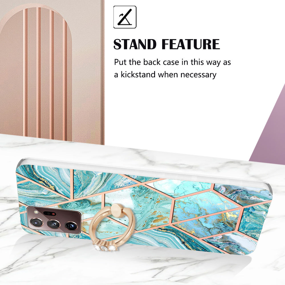 YB IMD Series-7 for Samsung Galaxy Note20 Ultra/Note20 Ultra 5G Ring Kickstand Case IMD Marble Pattern Electroplating TPU Phone Cover
