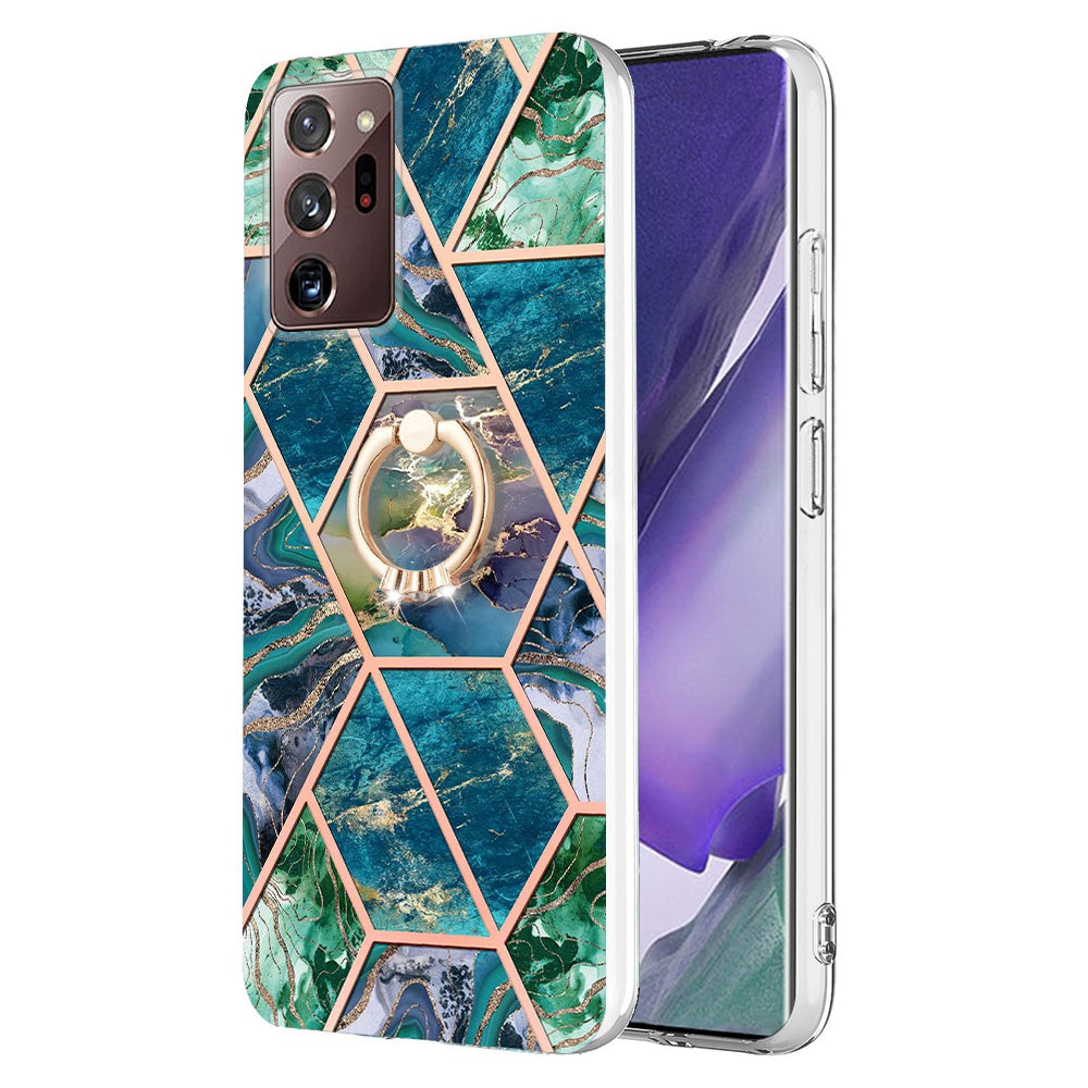 YB IMD Series-7 for Samsung Galaxy Note20 Ultra/Note20 Ultra 5G Ring Kickstand Case IMD Marble Pattern Electroplating TPU Phone Cover