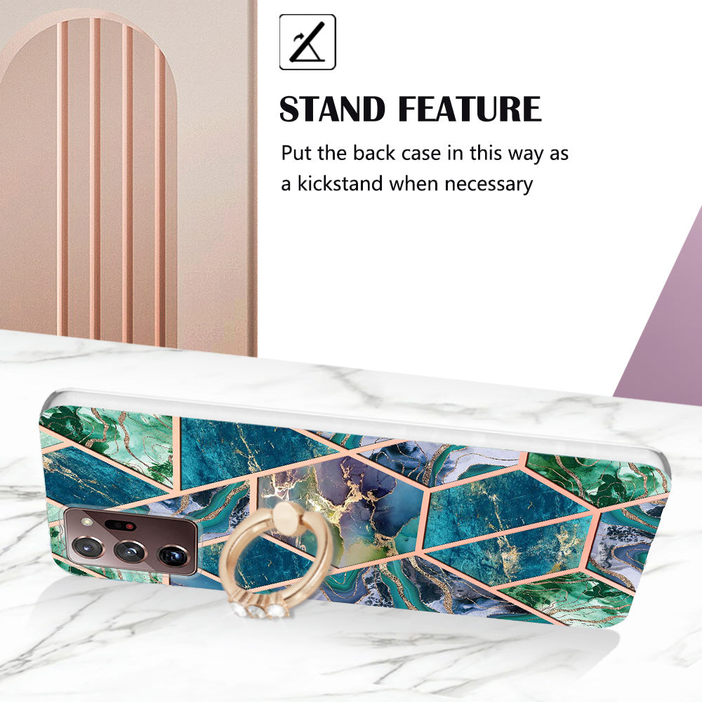 YB IMD Series-7 for Samsung Galaxy Note20 Ultra/Note20 Ultra 5G Ring Kickstand Case IMD Marble Pattern Electroplating TPU Phone Cover
