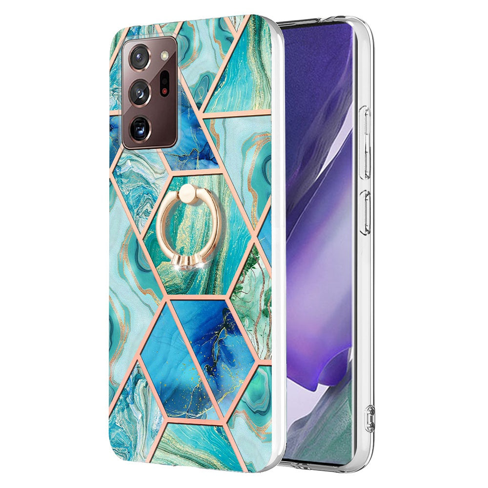 YB IMD Series-7 for Samsung Galaxy Note20 Ultra/Note20 Ultra 5G Ring Kickstand Case IMD Marble Pattern Electroplating TPU Phone Cover