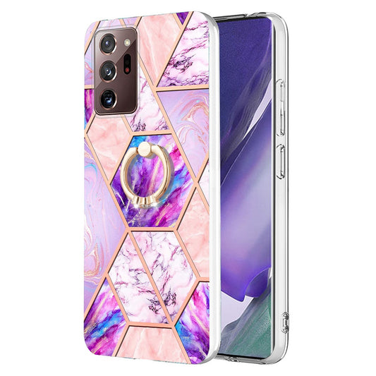 YB IMD Series-7 for Samsung Galaxy Note20 Ultra/Note20 Ultra 5G Ring Kickstand Case IMD Marble Pattern Electroplating TPU Phone Cover
