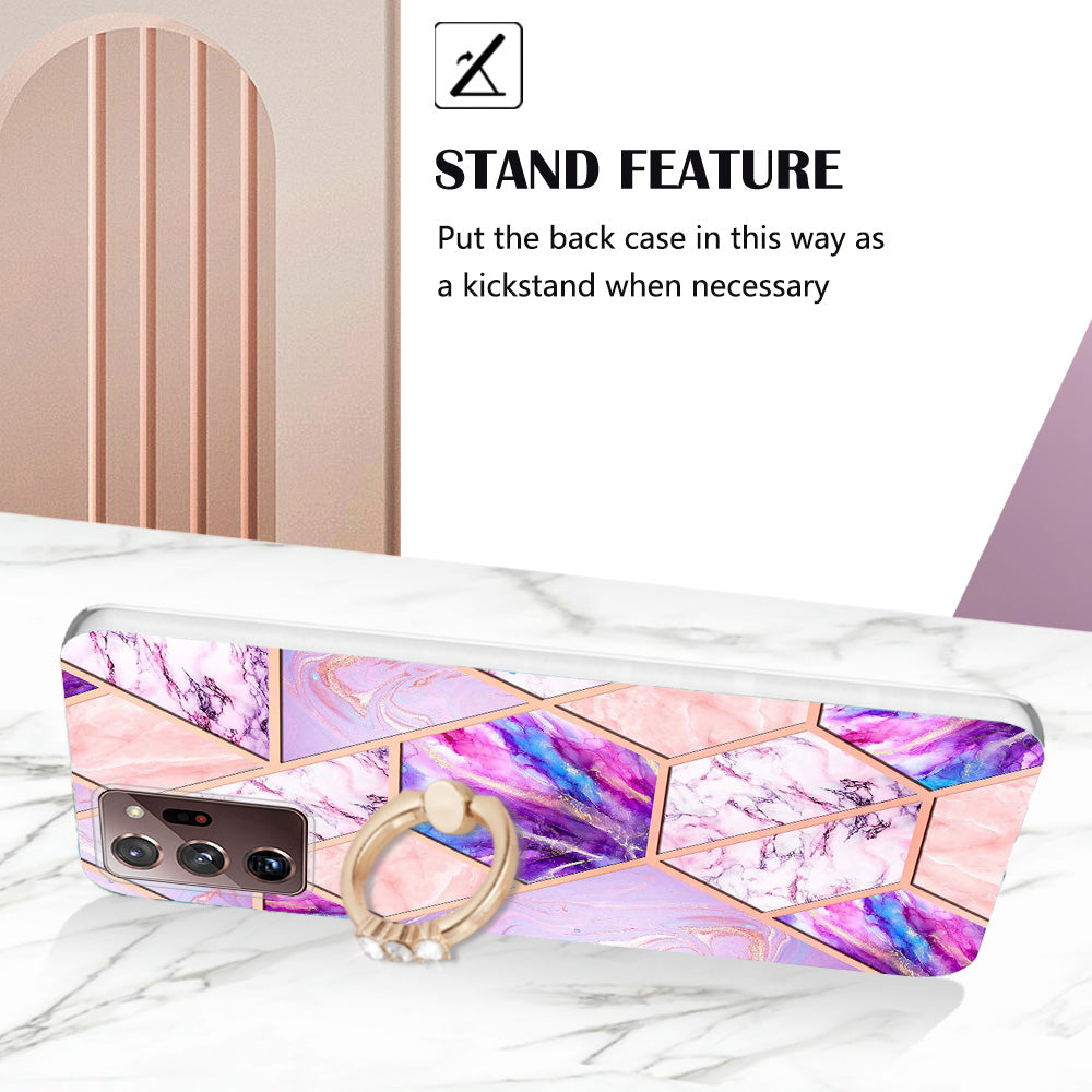 YB IMD Series-7 for Samsung Galaxy Note20 Ultra/Note20 Ultra 5G Ring Kickstand Case IMD Marble Pattern Electroplating TPU Phone Cover