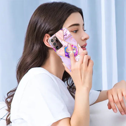 YB IMD Series-7 for Samsung Galaxy Note20 Ultra/Note20 Ultra 5G Ring Kickstand Case IMD Marble Pattern Electroplating TPU Phone Cover