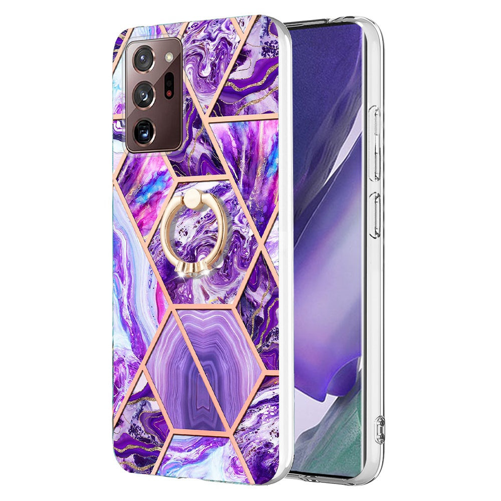 YB IMD Series-7 for Samsung Galaxy Note20 Ultra/Note20 Ultra 5G Ring Kickstand Case IMD Marble Pattern Electroplating TPU Phone Cover